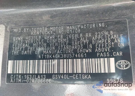 2008 Toyota Camry Xle V6 из США, поврежденный, VIN 4T1BK46K38U574661